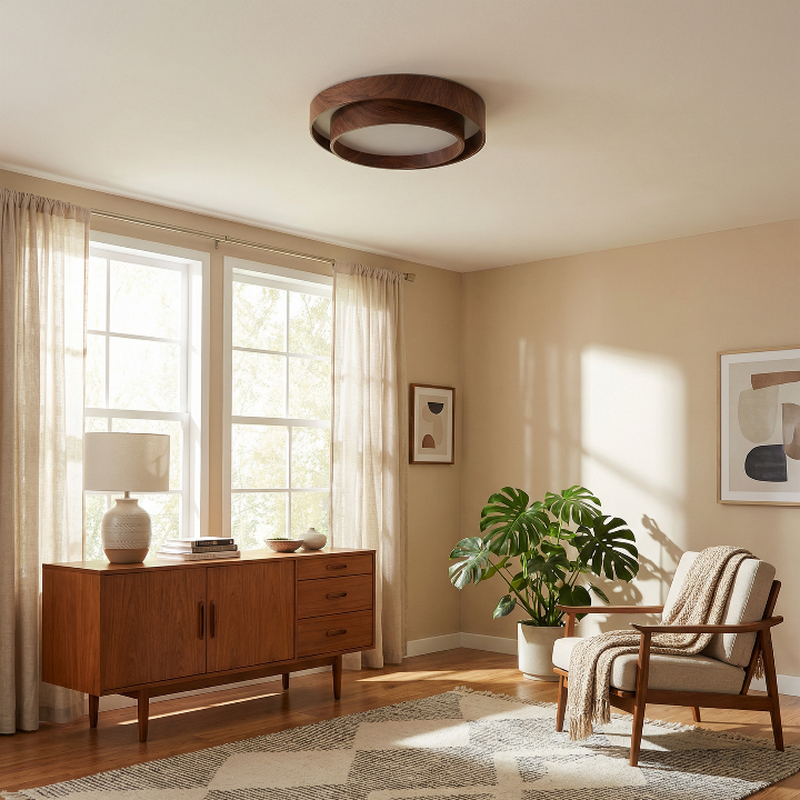 Wooden LED Ceiling Light – Modern Design in Warm Walnut