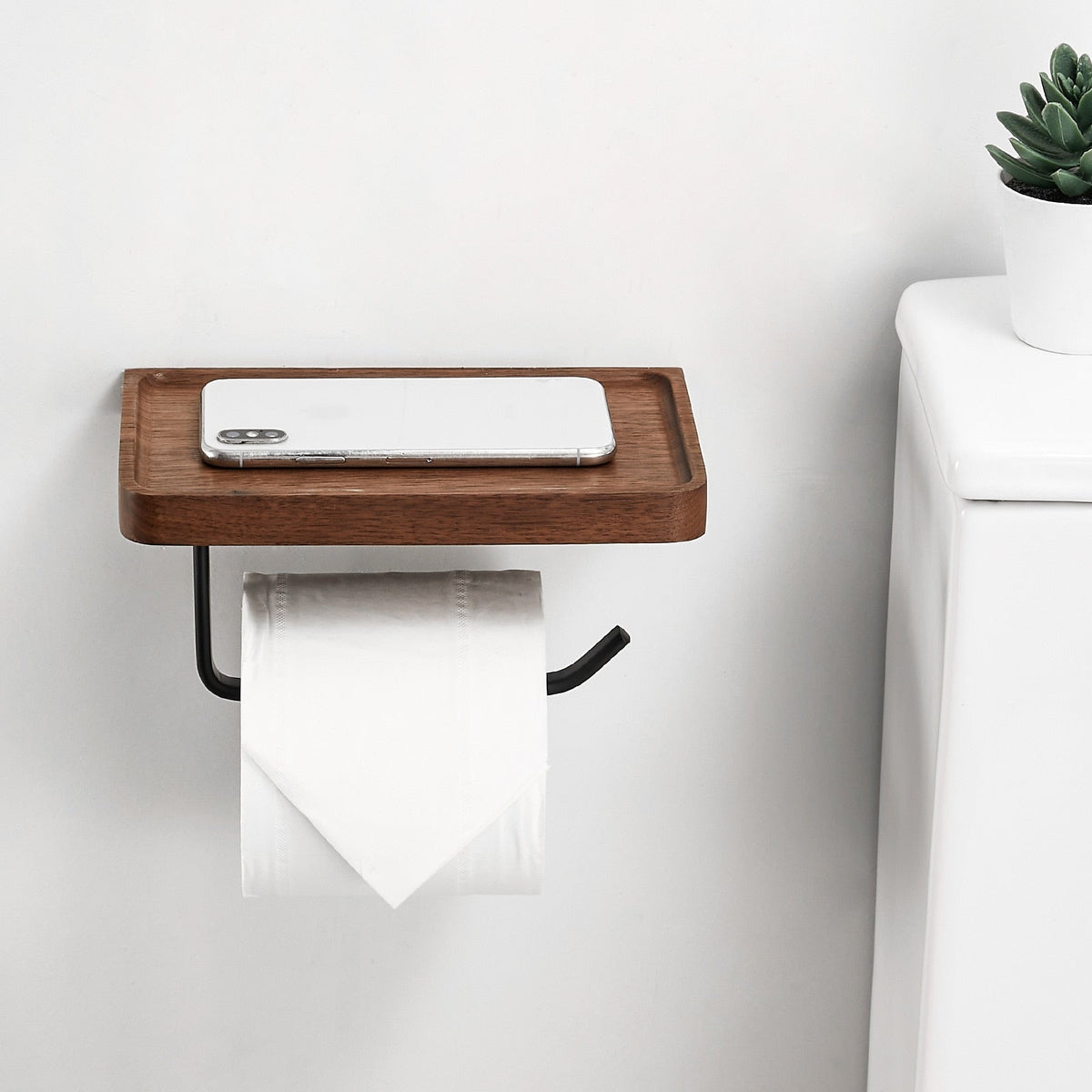 Wooden Toilet Paper Holder – Wall-Mounted Bathroom Organizer with Shelf
