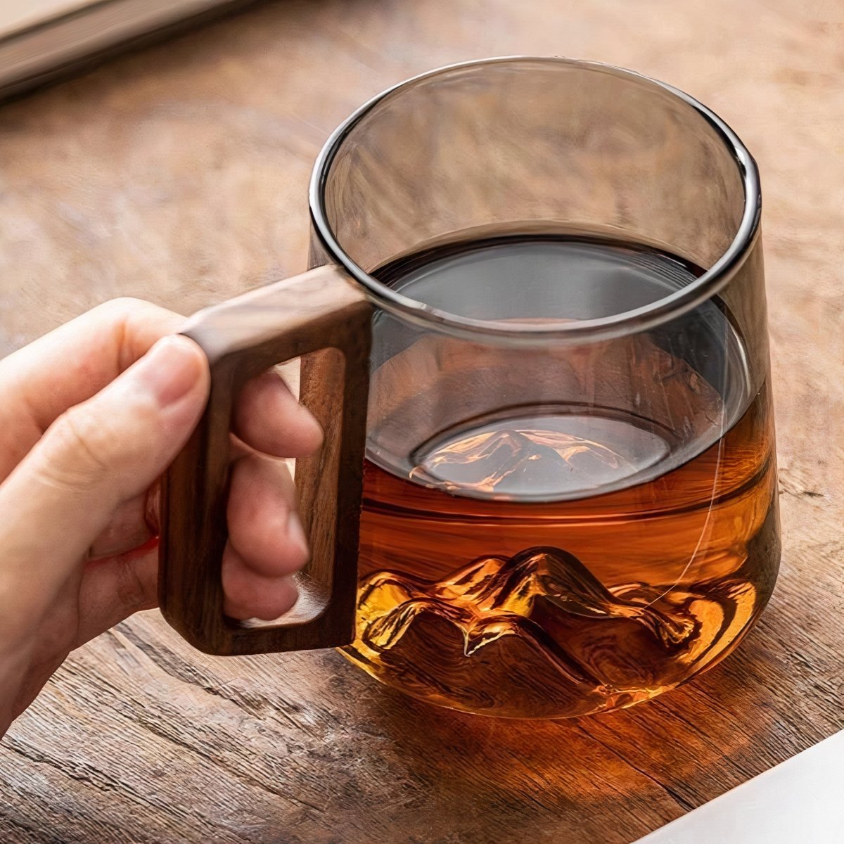 Glass Coffee Mug – Smoked Glass Cup with Walnut Handle