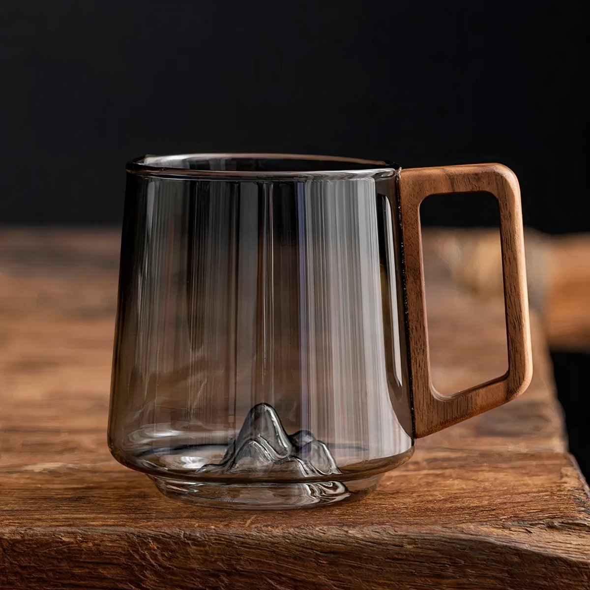 Glass Coffee Mug – Smoked Glass Cup with Walnut Handle