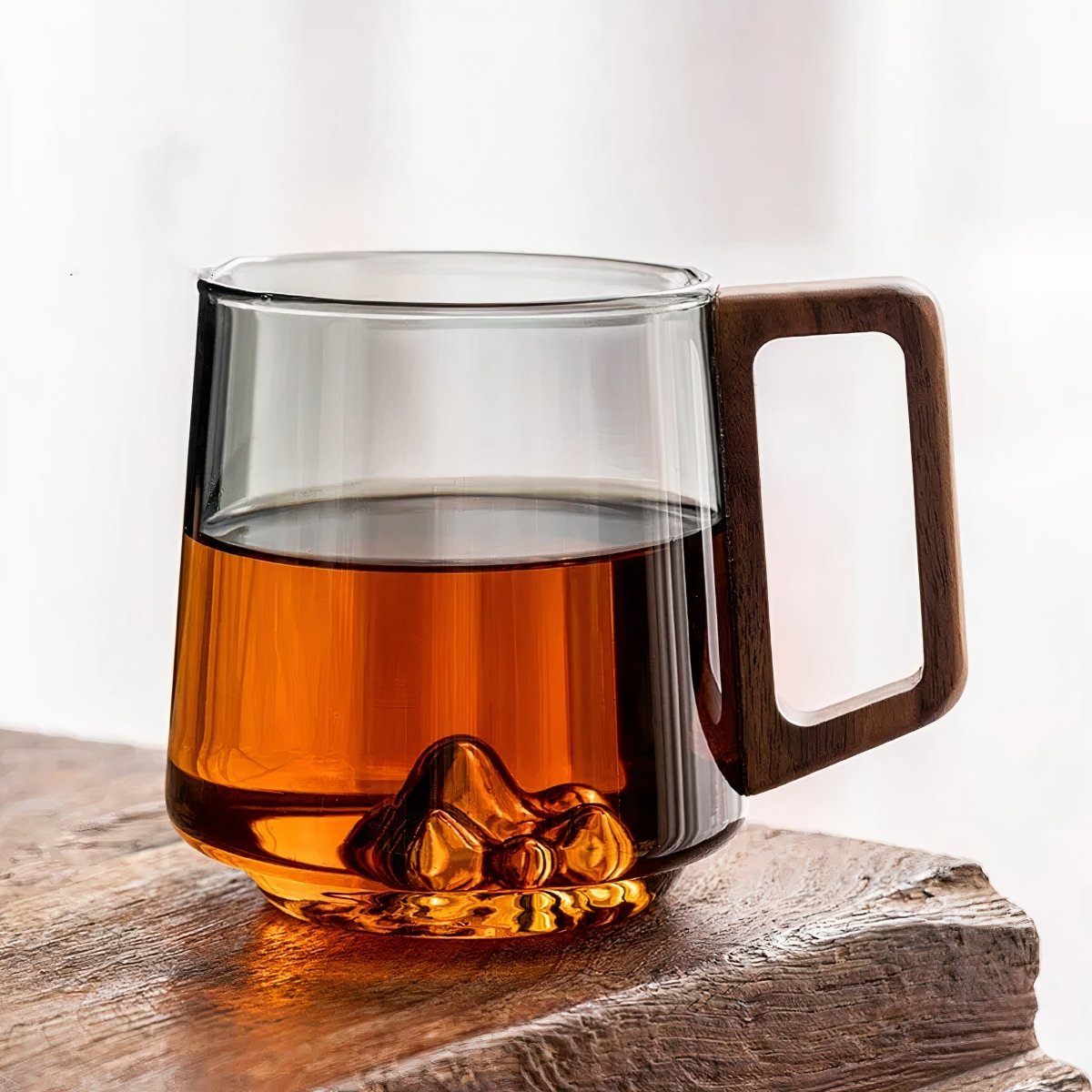 Glass Coffee Mug – Smoked Glass Cup with Walnut Handle