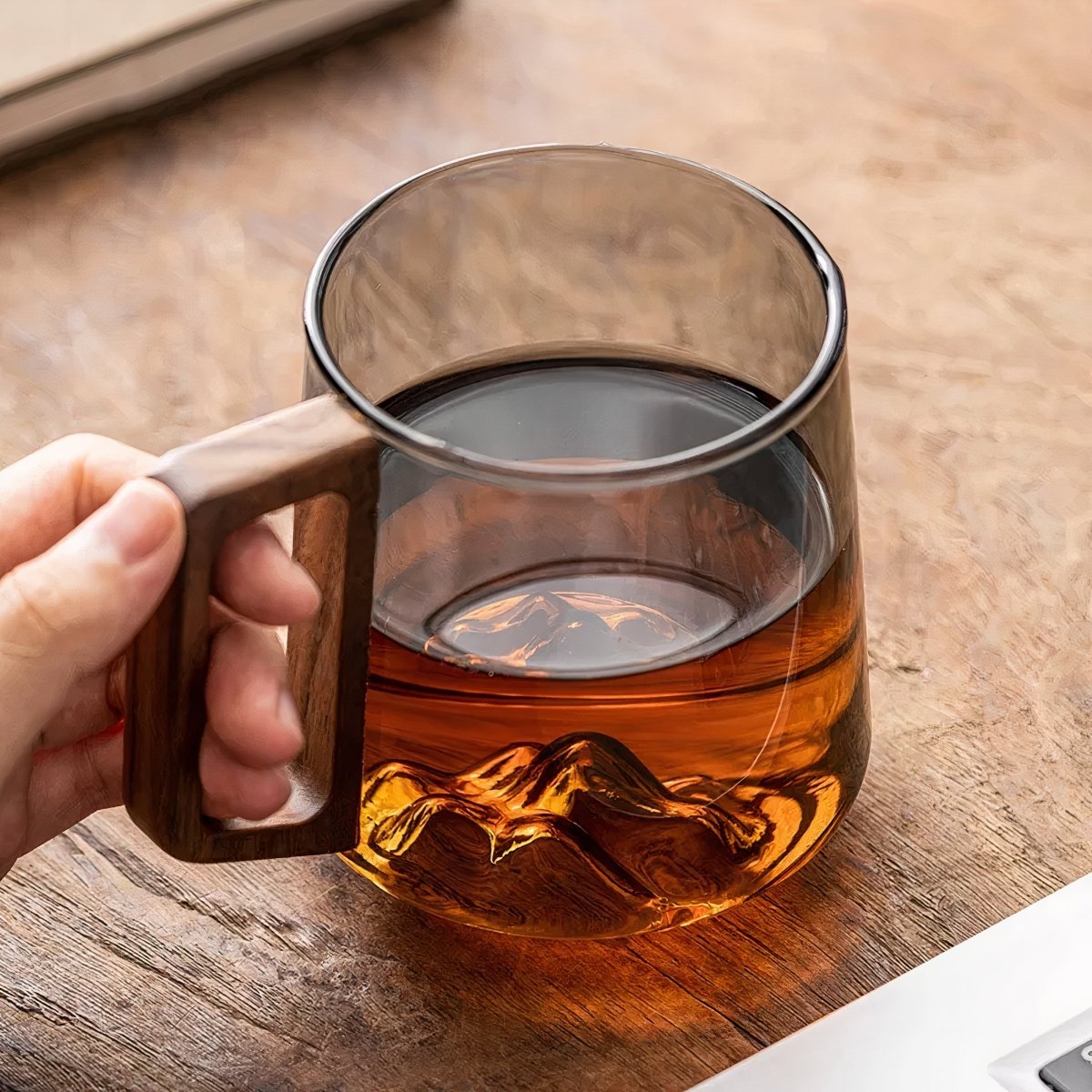 Glass Coffee Mug – Smoked Glass Cup with Walnut Handle