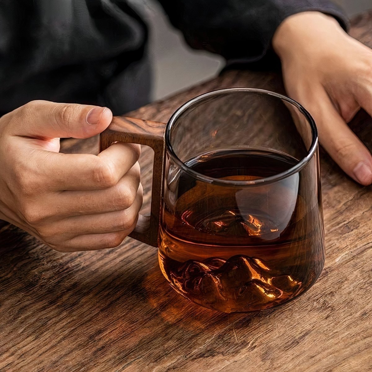 Glass Coffee Mug – Smoked Glass Cup with Walnut Handle