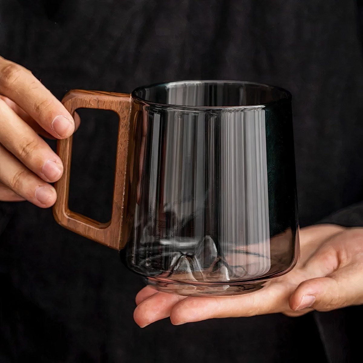 Glass Coffee Mug – Smoked Glass Cup with Walnut Handle