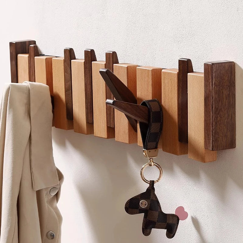 Wooden Wall Hooks – Versatile Piano-Style Hanger with Foldable Hooks