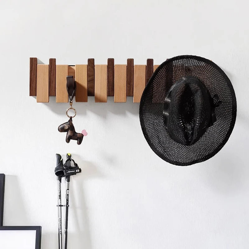 Wooden Wall Hooks – Versatile Piano-Style Hanger with Foldable Hooks