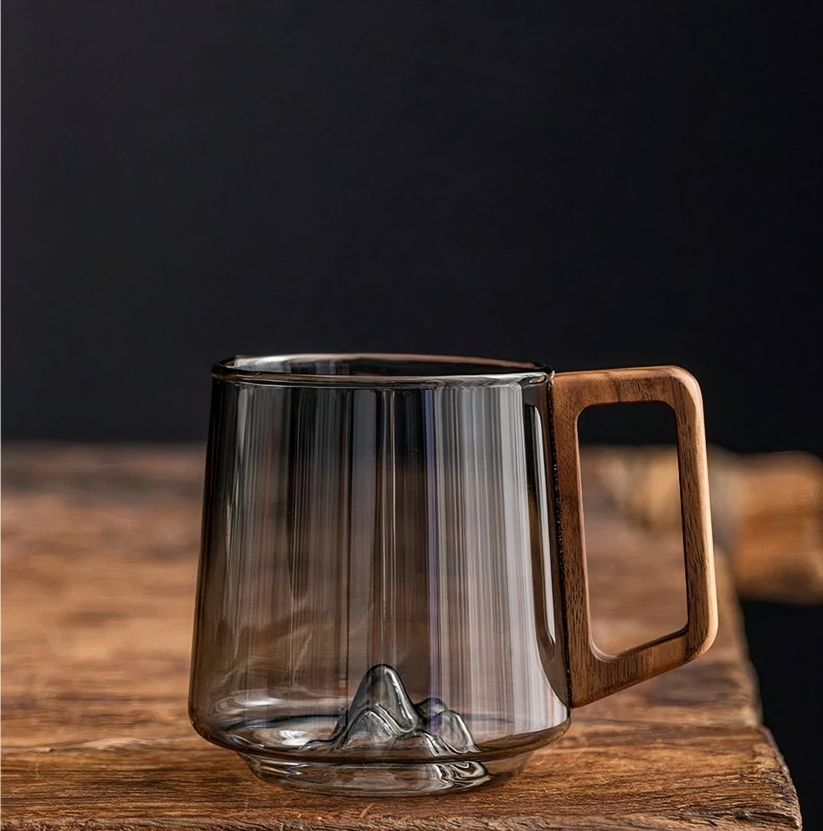 Glass Coffee Mug – Smoked Glass Cup with Walnut Handle