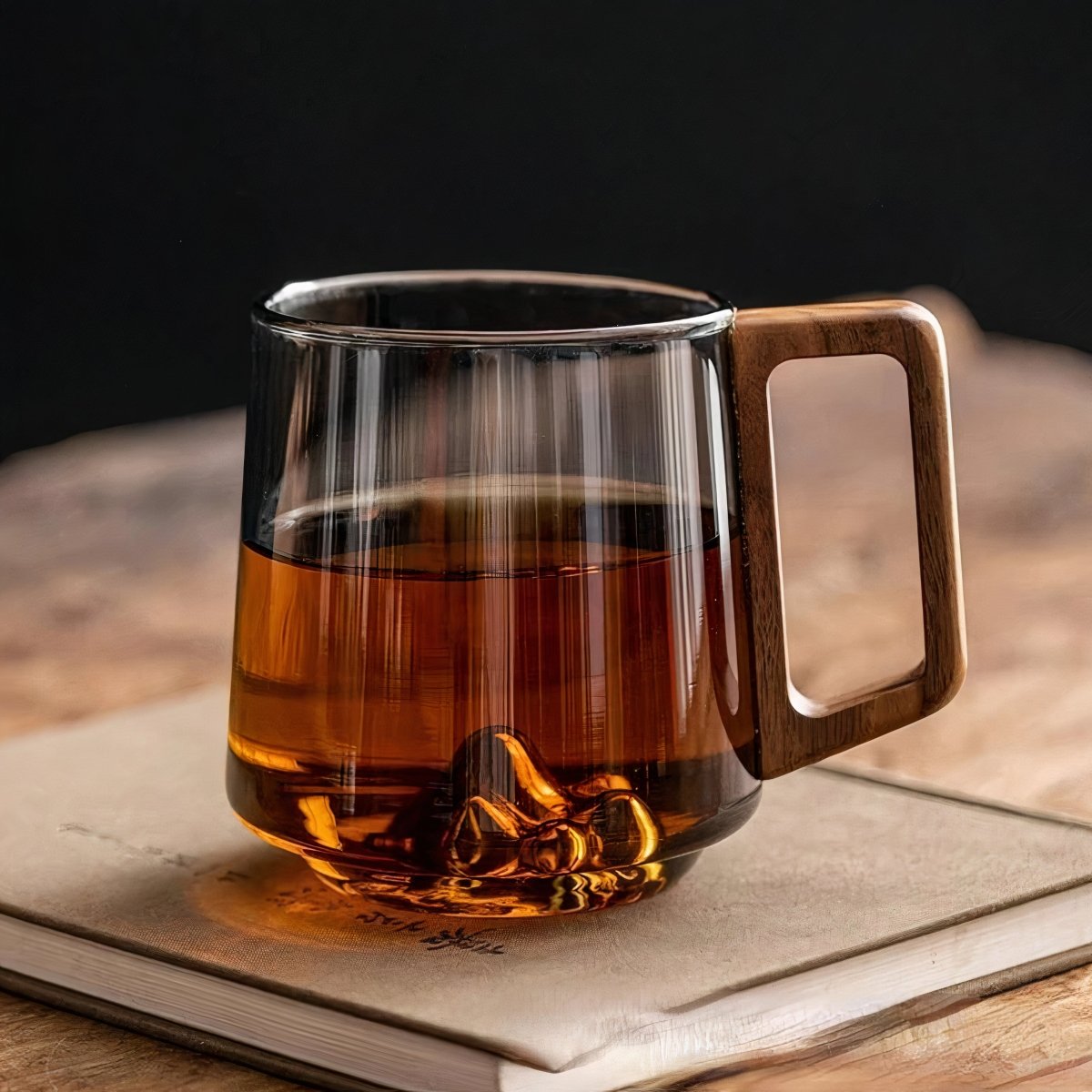Glass Coffee Mug – Smoked Glass Cup with Walnut Handle