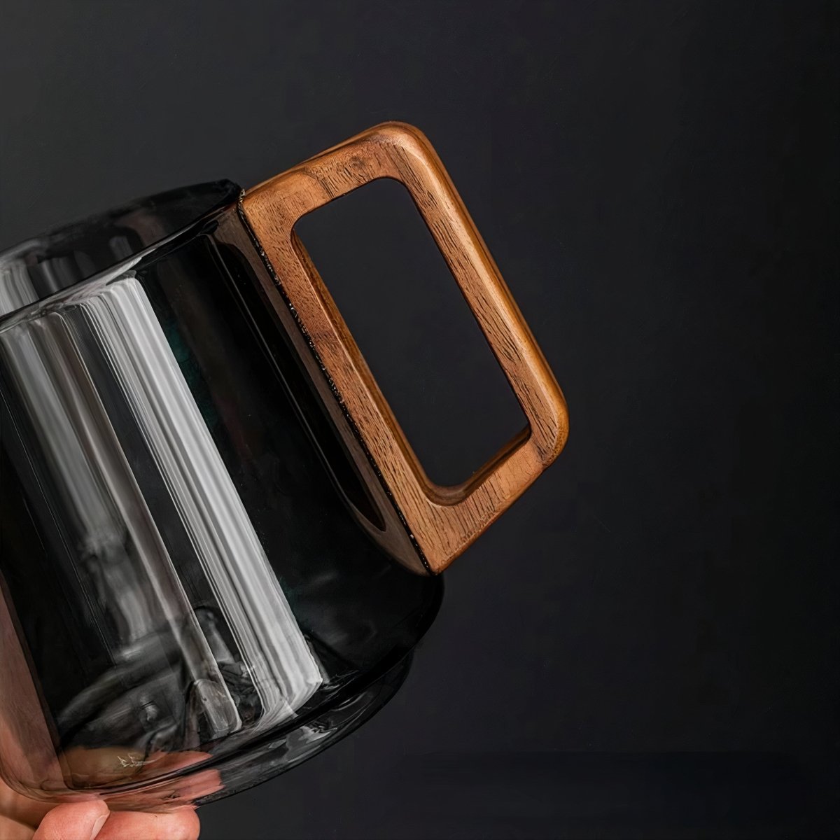 Glass Coffee Mug – Smoked Glass Cup with Walnut Handle